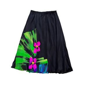 Vintage Custom Watercolor Floral Print Black Maxi Skirt Small